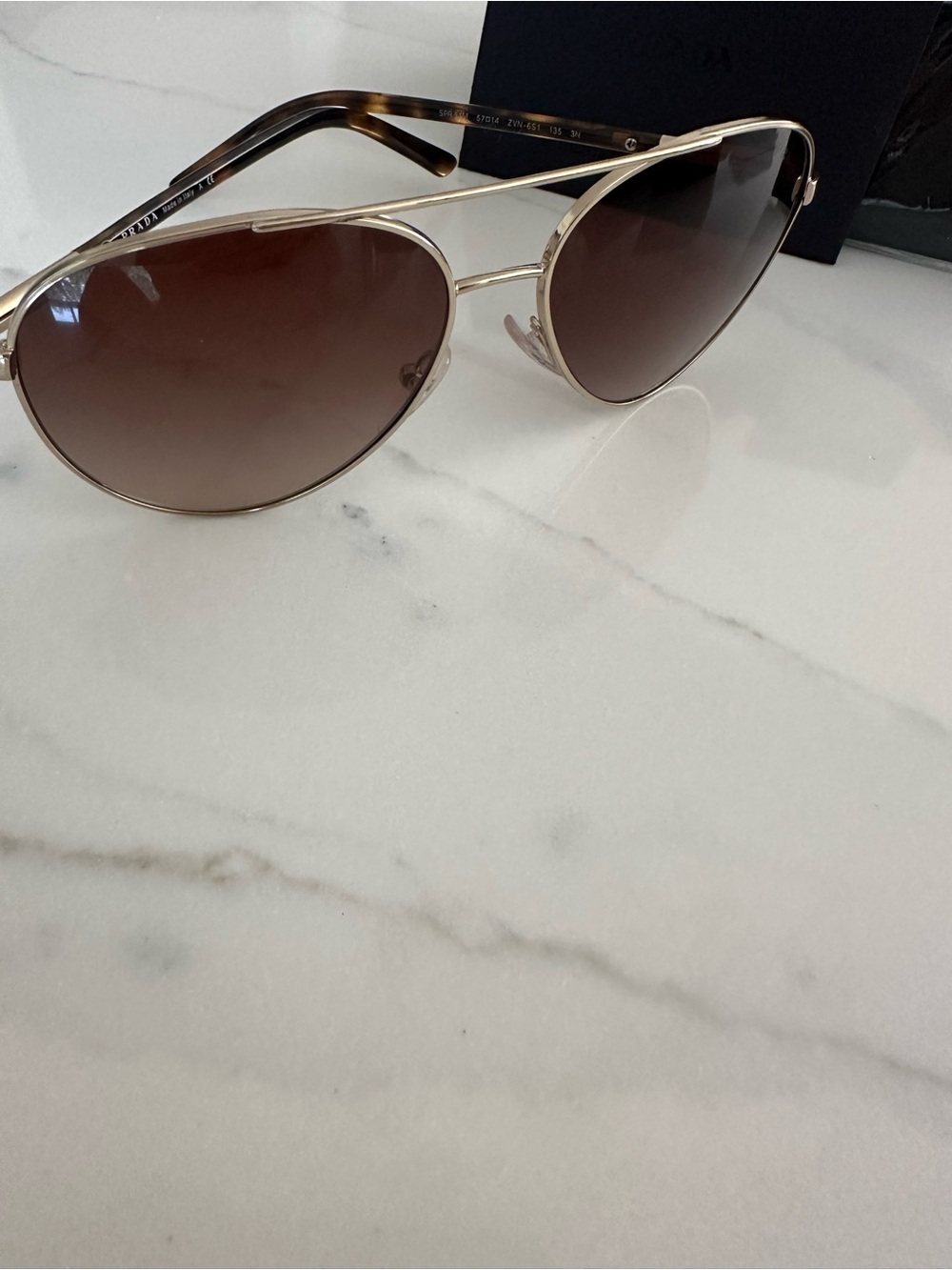 Prada Woman’s Aviator Sunglasses - Gold Frame with Brown Lenses NIB